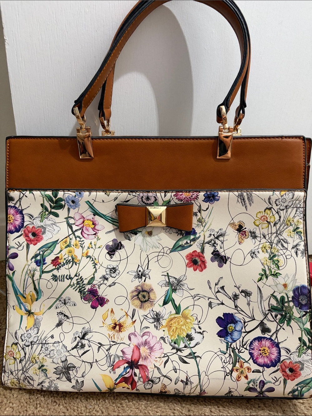 Floral Print Tote with Tan Trim and Bow Accent